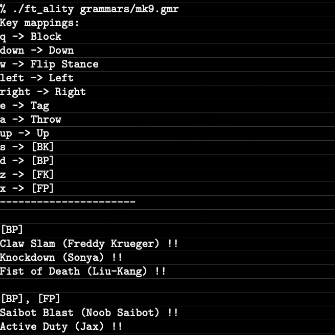 Terminal output from ft_ality recognizing fighting-game move sequences.