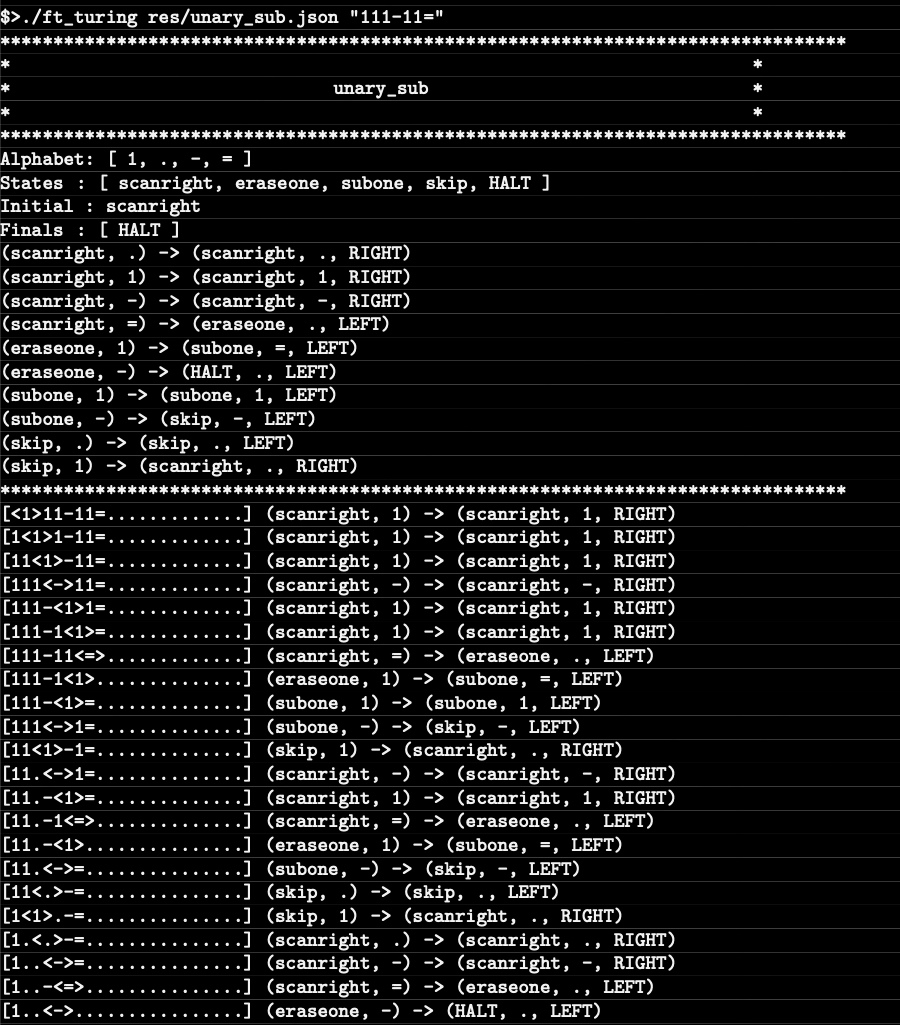Terminal output from ft_turing showing Turing machine transitions.