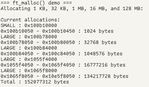 Terminal output from the custom malloc memory allocator project.
